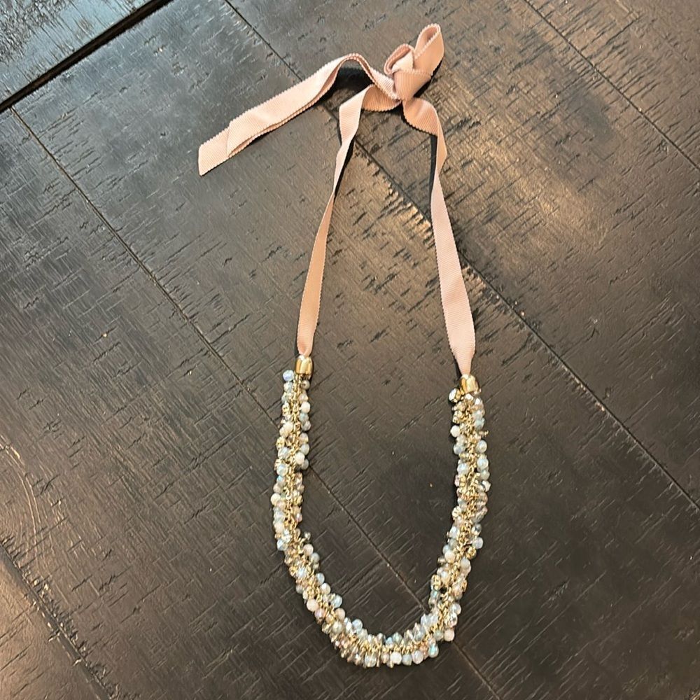 Pastel Beaded Dusty Pink Ribbon Long Adjustable Sparkle Feminine Necklace​​​​